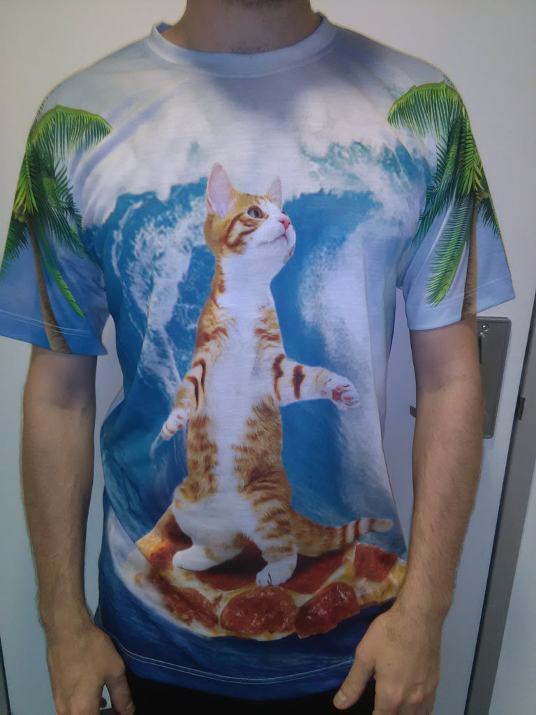 cat surfing on pizza shirt